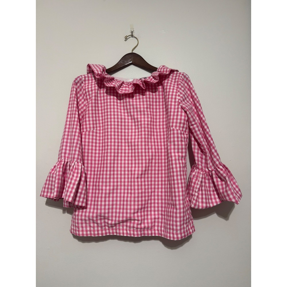 Elizabeth Wilson Kathrine Pink Gingham Ruffle Collar Bell Sleeve Blouse Medium
